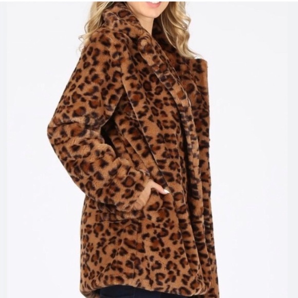 Faux Fur Fully Lined Leopard Print Coat w Notched Collar & Hand Pockets XL - Picture 6 of 9